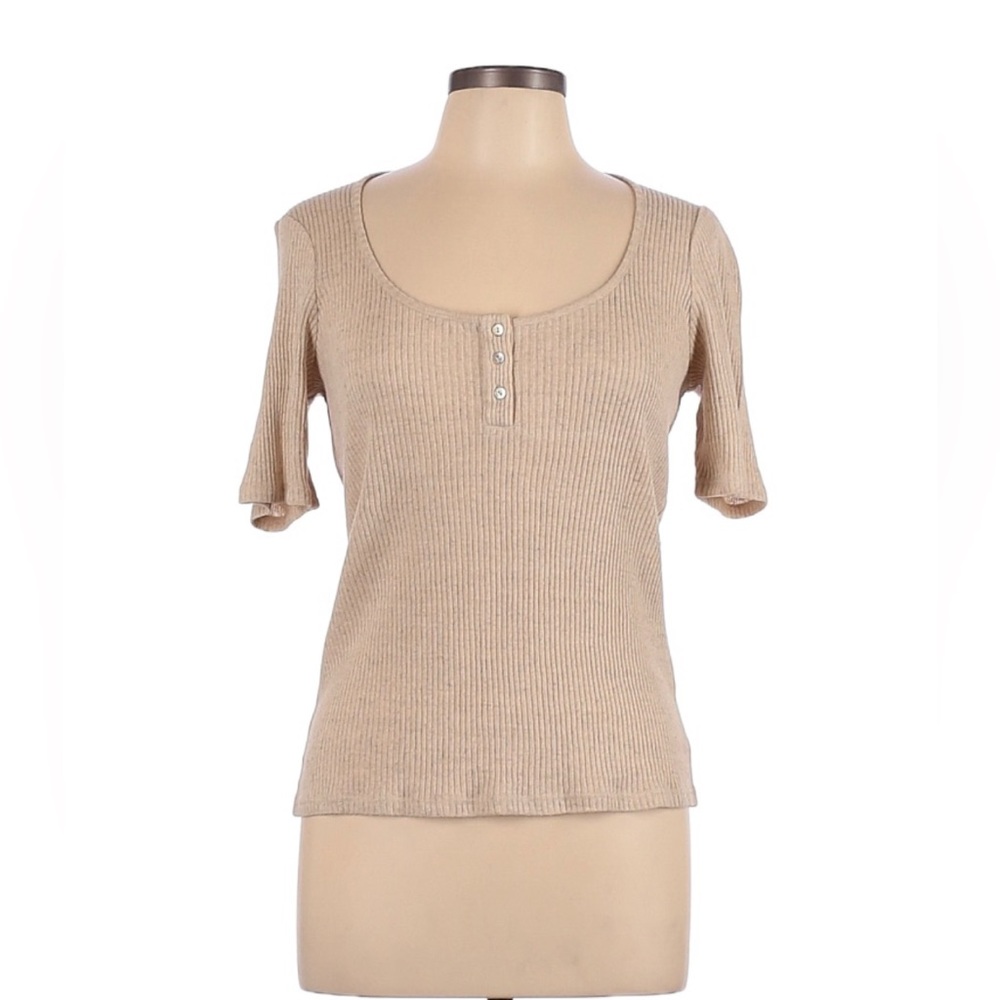 NEW Vince Ribbed Short Sleeve Top Scoop Neck Linen/Cotton Size L